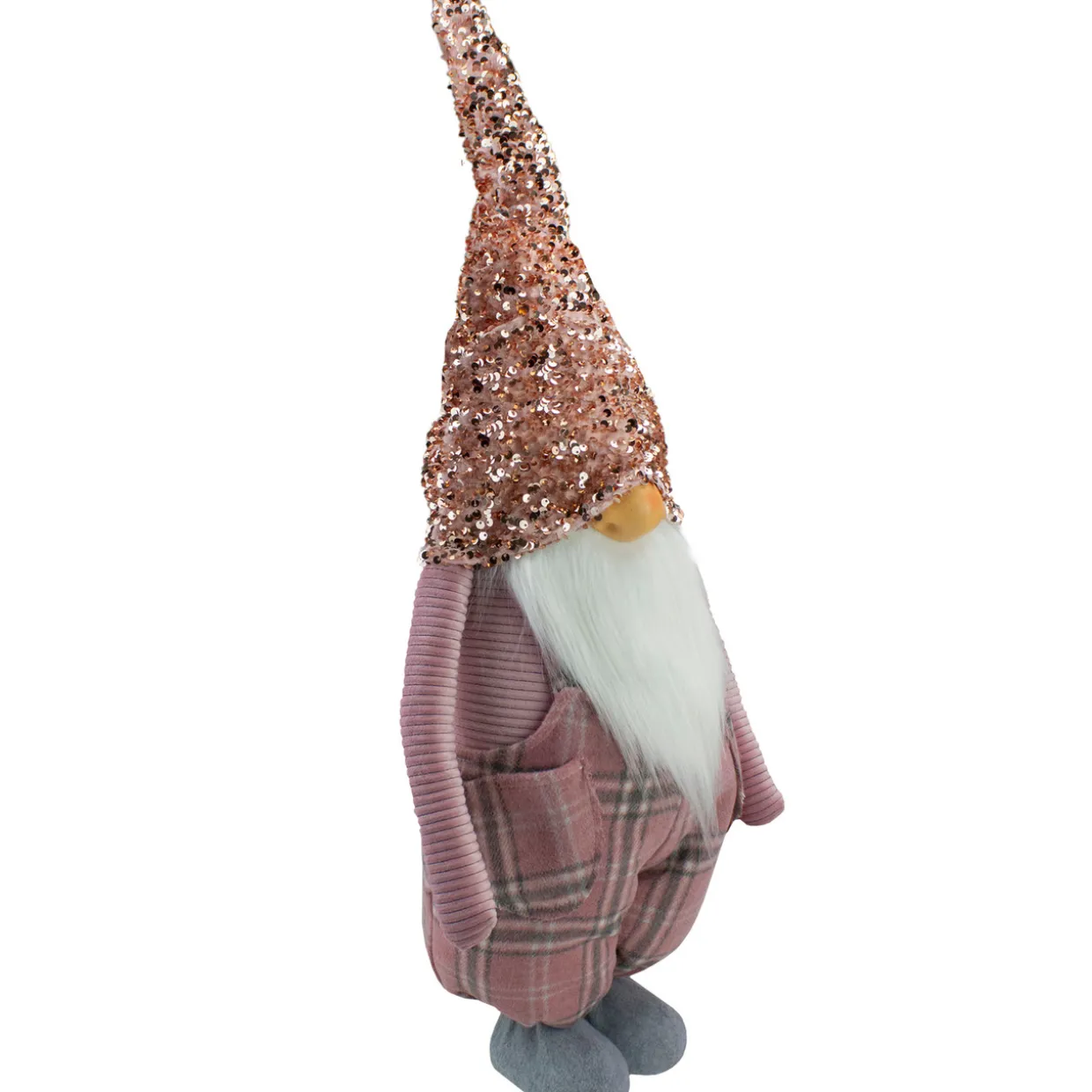 Tall Christmas Gnome Figure with Plaid Overalls Sequin Hat - 30" - Pink and Gray
