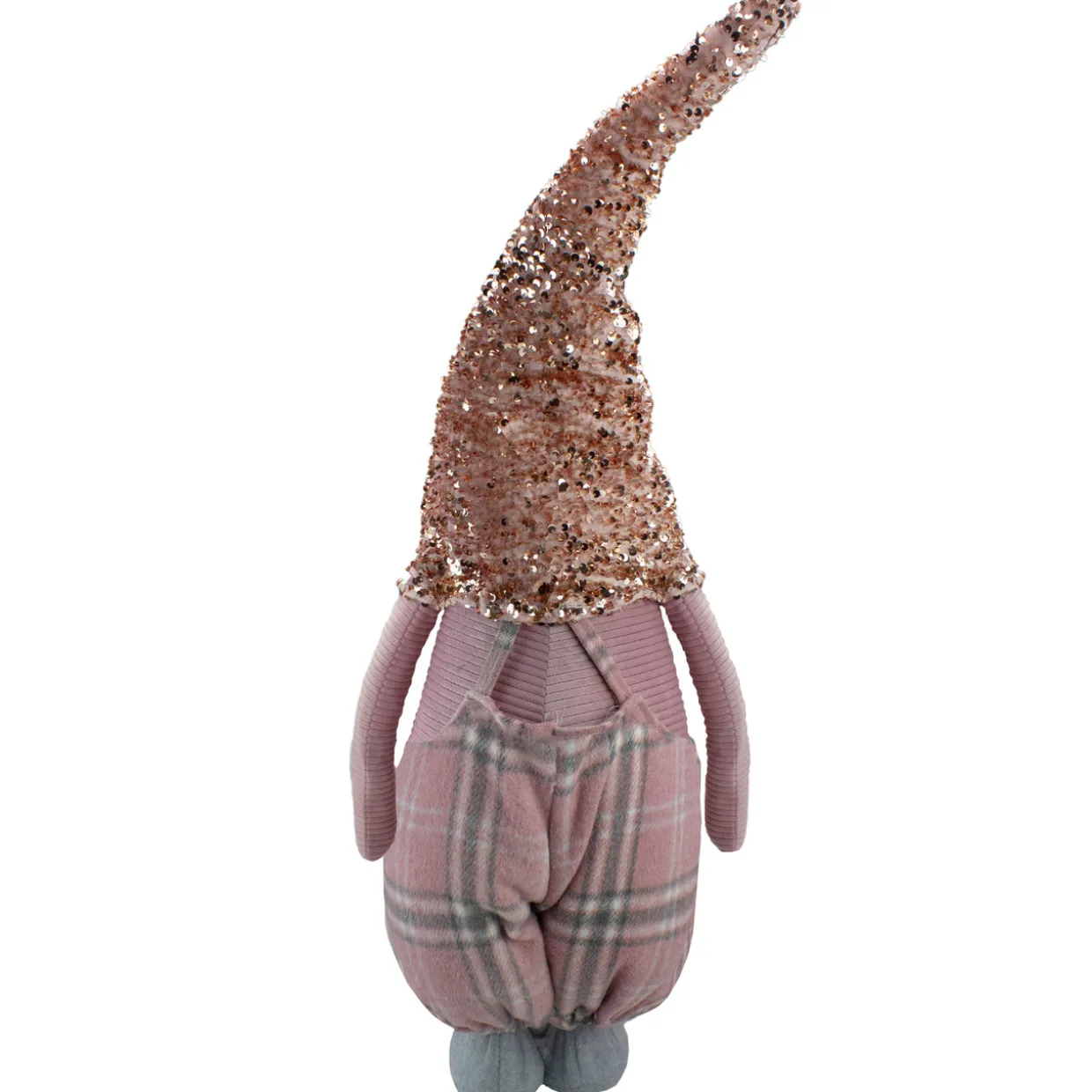 Tall Christmas Gnome Figure with Plaid Overalls Sequin Hat - 30" - Pink and Gray