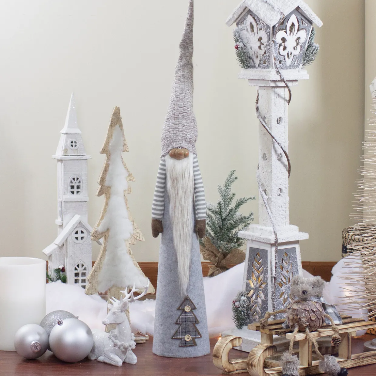 Tall Cone Gnome with Buttoned Plaid Christmas Tree Figure - 22" - Gray and Brown