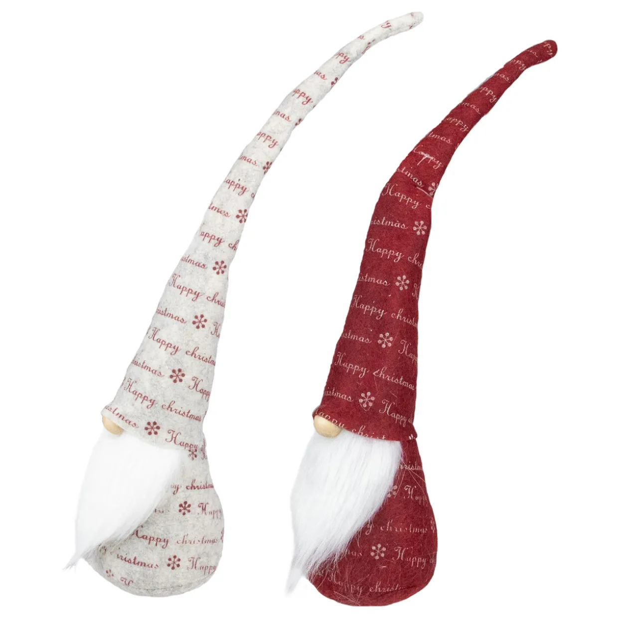 Tall Pointy Hat "Happy Christmas" Gnomes - 18" - Red and Ivory - Set of 2