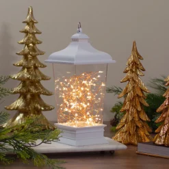 Tapered Lantern with Rice Lights Decoration - 12" - White - Clear Lights