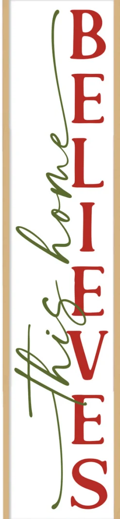 This Home Believes Tall 10" x 43.5" Framed Christmas Wall Decor Art Print Sign Poster in a Natural Wooden Frame with UV Acrylic and Hangers