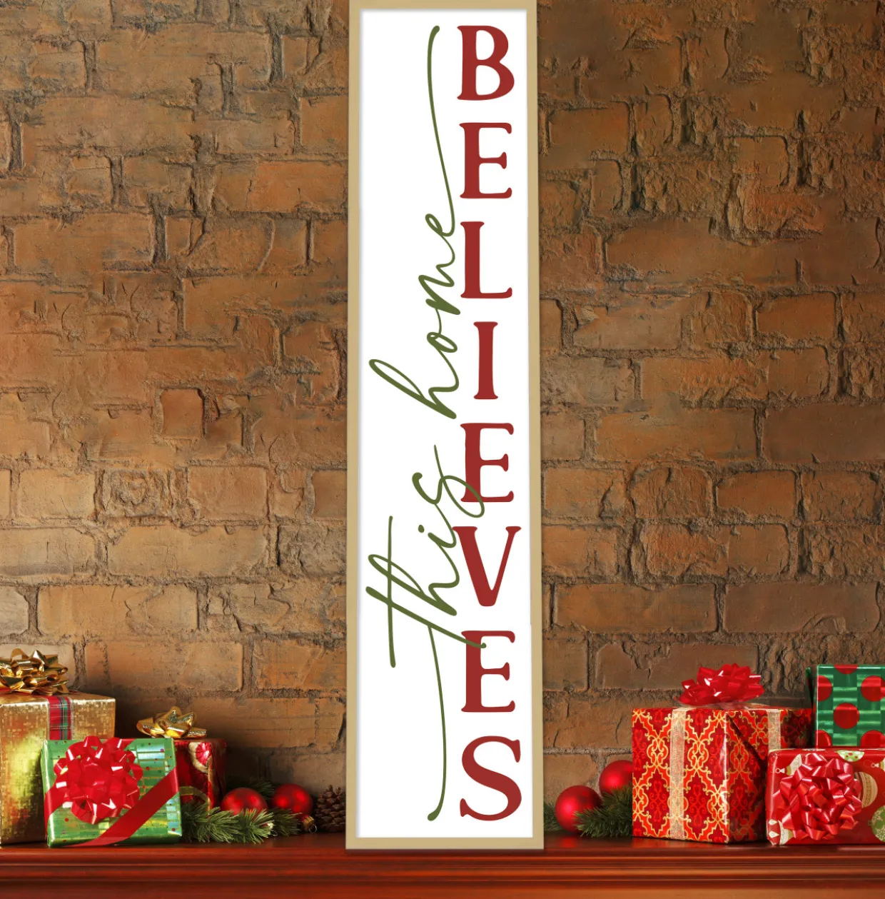 This Home Believes Tall 10" x 43.5" Framed Christmas Wall Decor Art Print Sign Poster in a Natural Wooden Frame with UV Acrylic and Hangers