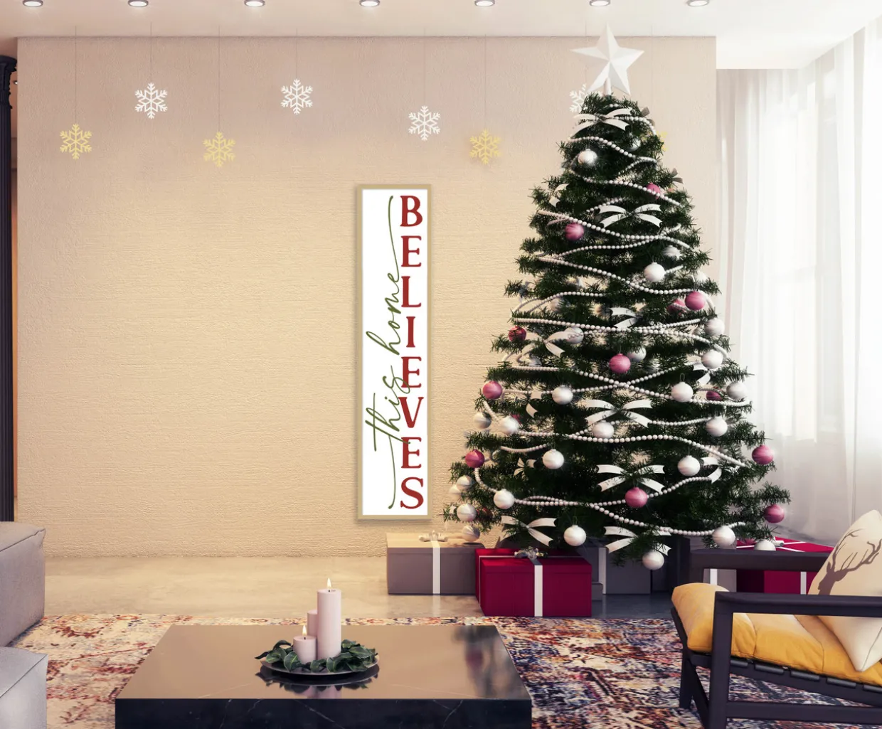 This Home Believes Tall 10" x 43.5" Framed Christmas Wall Decor Art Print Sign Poster in a Natural Wooden Frame with UV Acrylic and Hangers