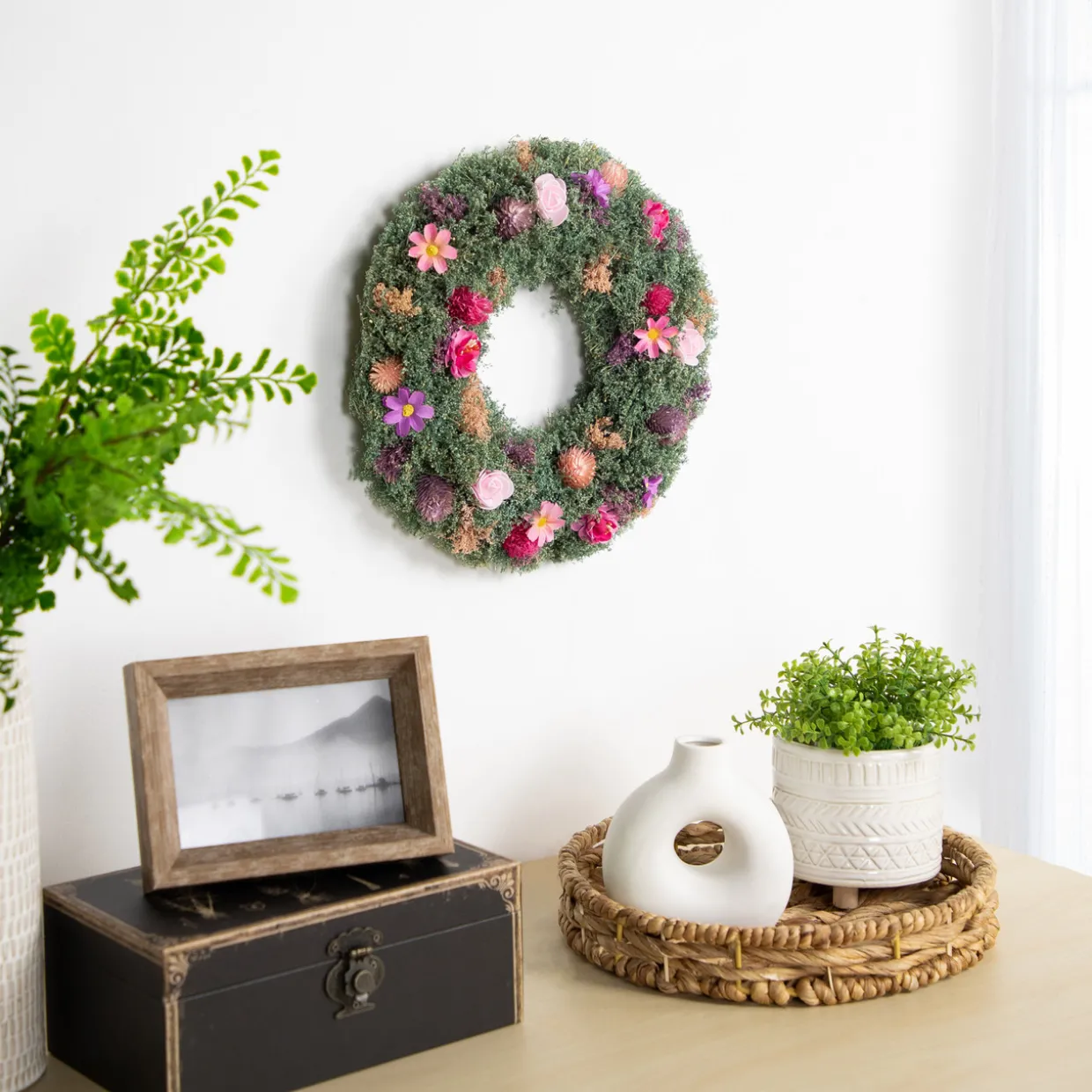 Thistle Mixed Floral Spring Wreath - 13" - Pink and Purple