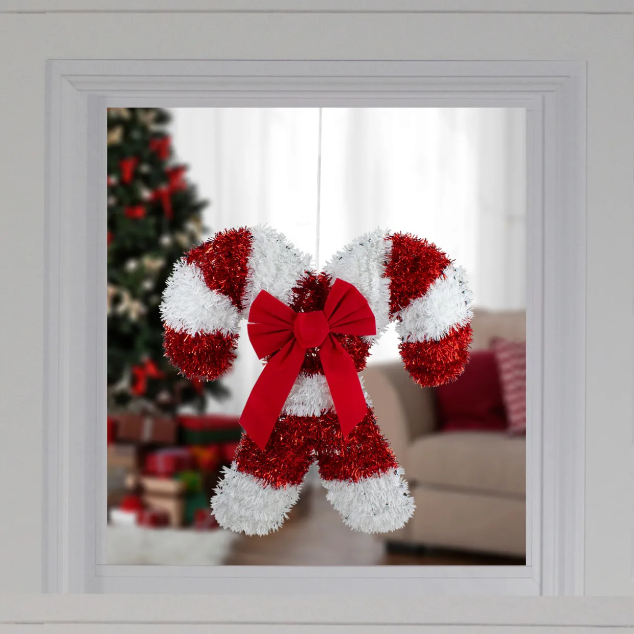 Tinsel Candy Cane Christmas Window Decoration - 19" - Red and White - Unlit