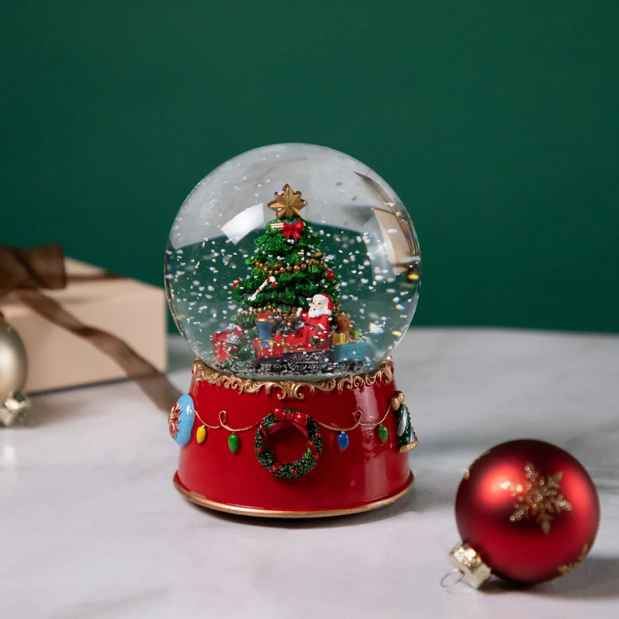 Train and Christmas Tree Village Musical Snow Globe - 8"