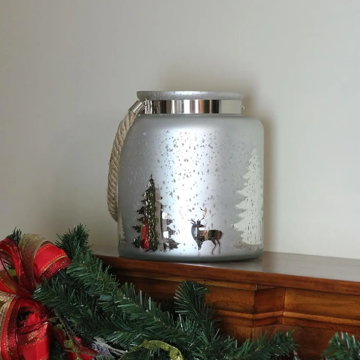 Tree Silhouette Mercury Glass Christmas Pillar Candle Holder - 9.5" - Silver and Gray