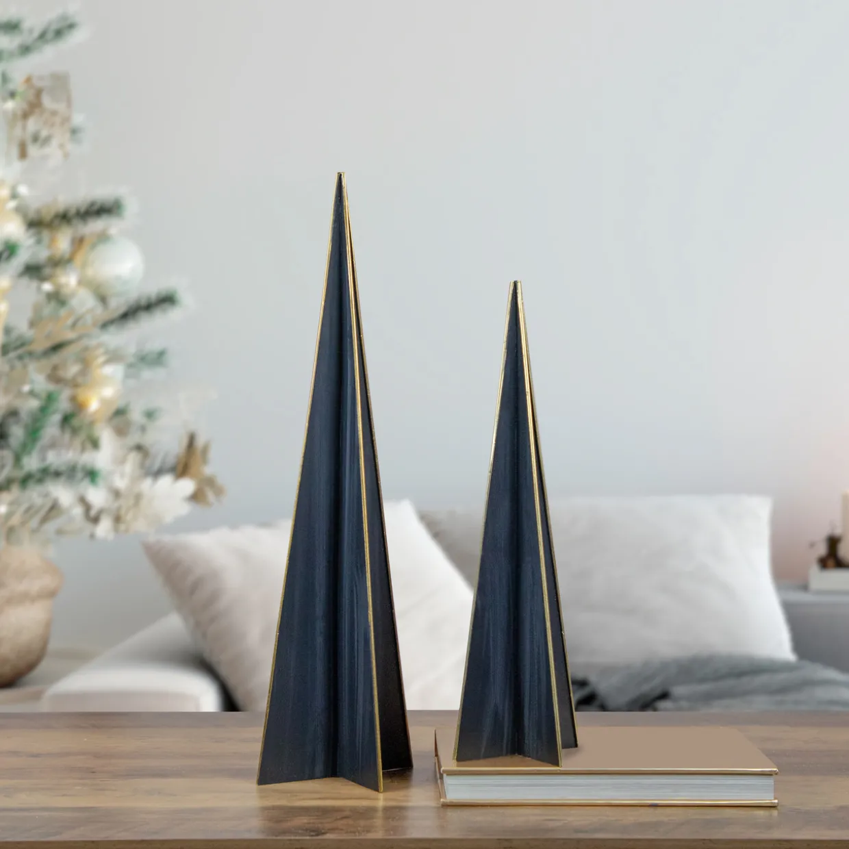 Triangular Christmas Tree Decoration - 15" - Blue and Gold