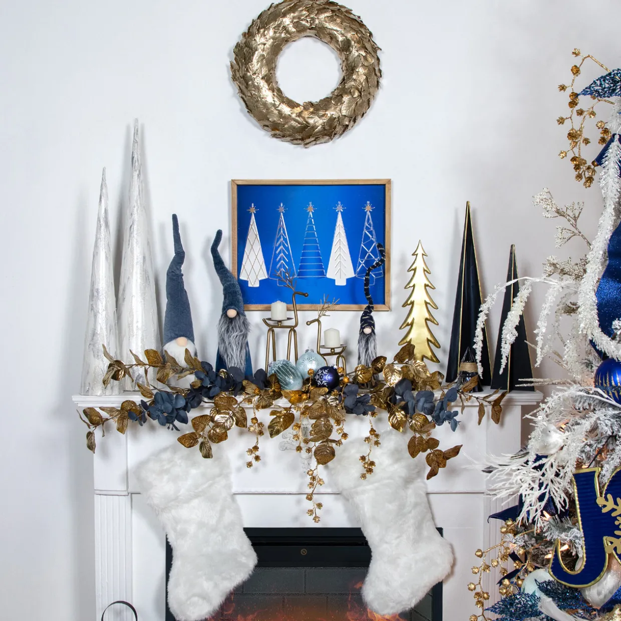 Triangular Christmas Tree Decoration - 15" - Blue and Gold