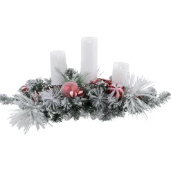 Triple Candle Holder with Flocked Pine and Christmas Ornaments - 32" - Red and White
