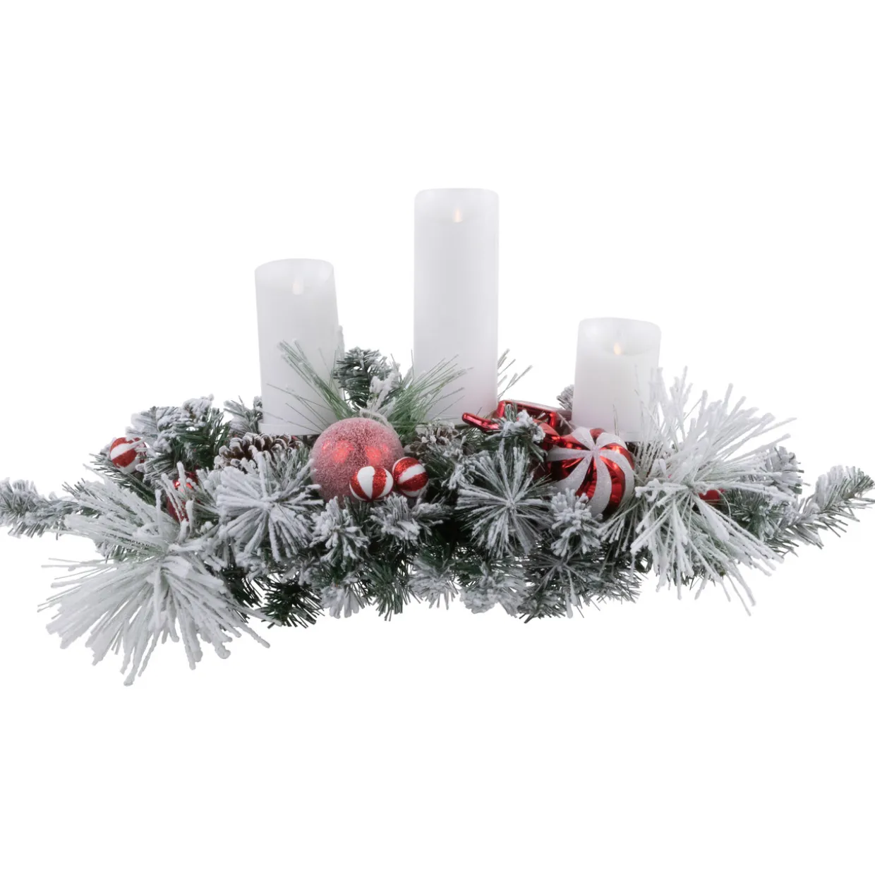Triple Candle Holder with Flocked Pine and Christmas Ornaments - 32" - Red and White