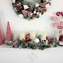 Triple Candle Holder with Flocked Pine and Christmas Ornaments - 32" - Red and White