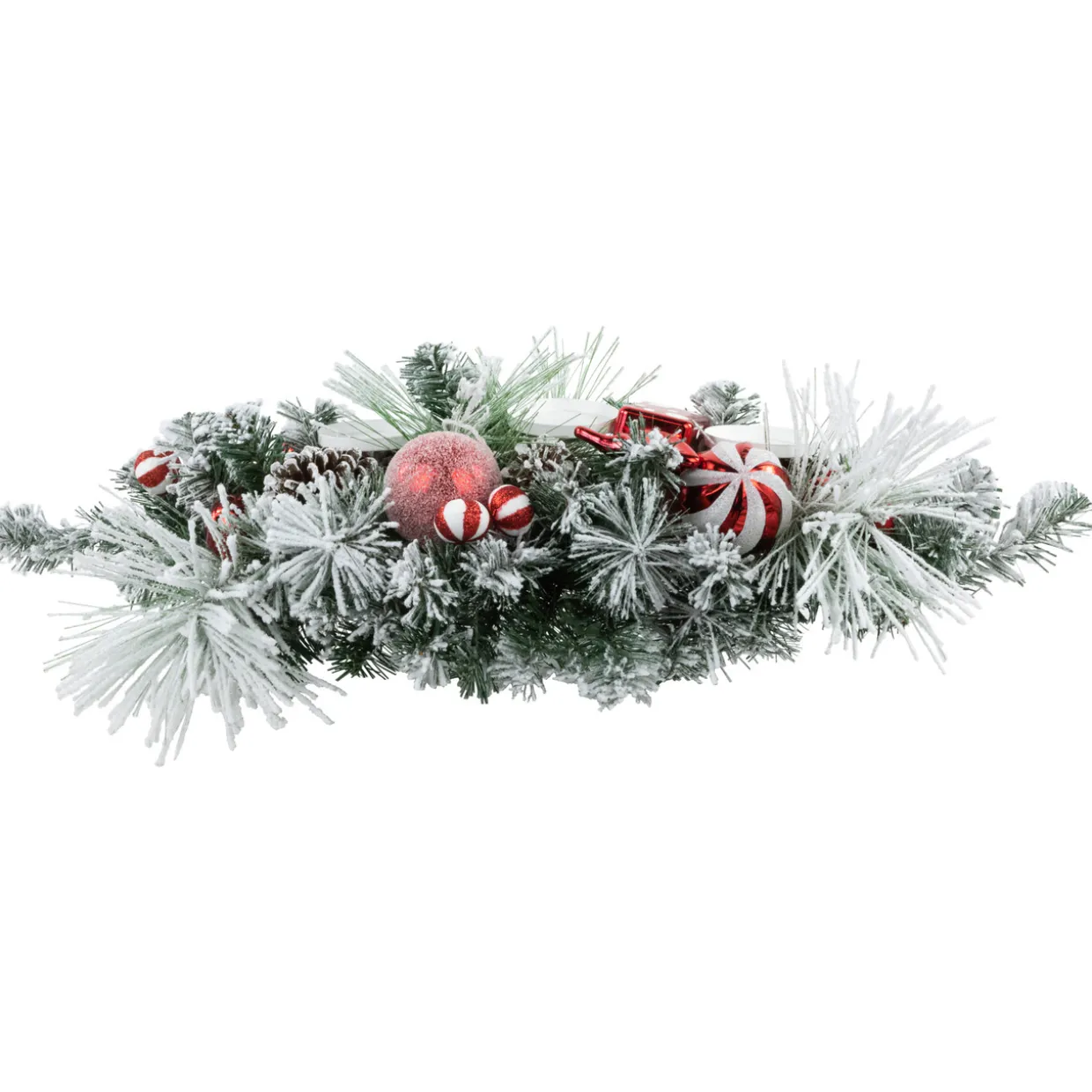 Triple Candle Holder with Flocked Pine and Christmas Ornaments - 32" - Red and White