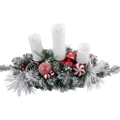 Triple Candle Holder with Flocked Pine and Christmas Ornaments - 32