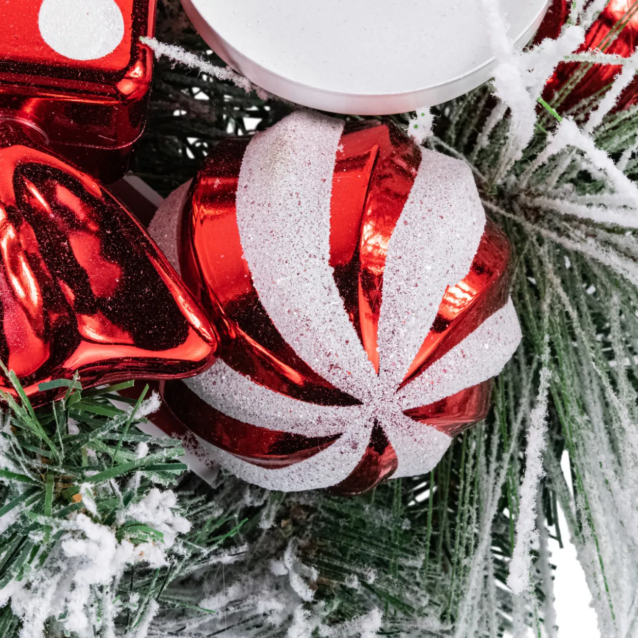 Triple Candle Holder with Flocked Pine and Christmas Ornaments - 32" - Red and White