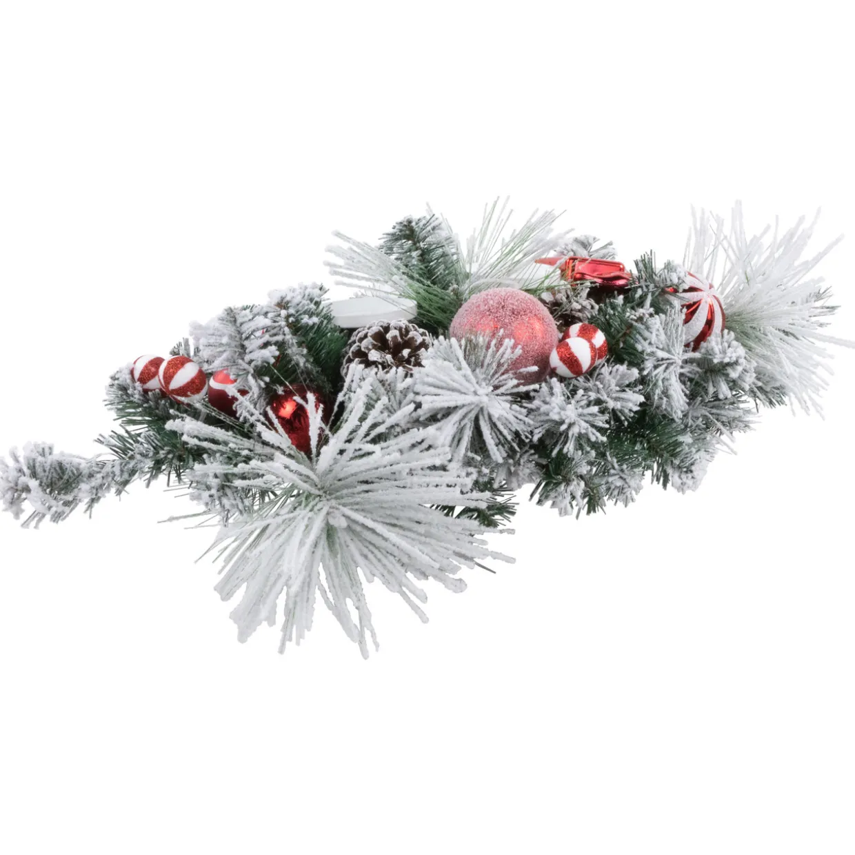 Triple Candle Holder with Flocked Pine and Christmas Ornaments - 32" - Red and White