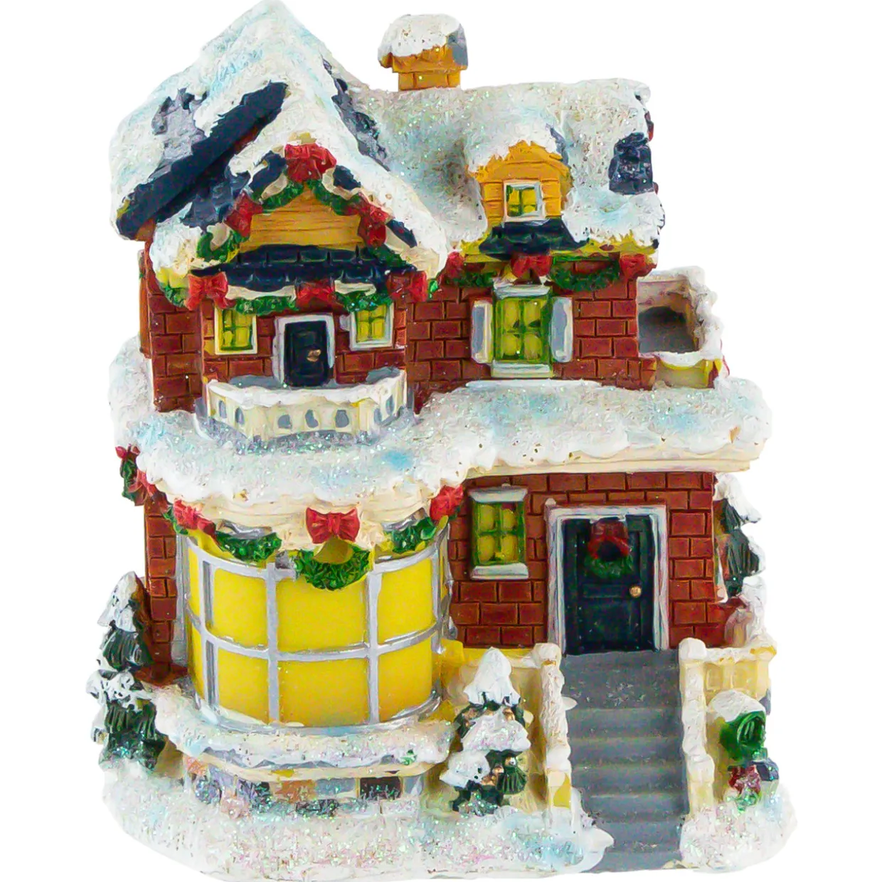 Two Story Snowy House with Garland and Wreaths Christmas Village Decoration - 4"