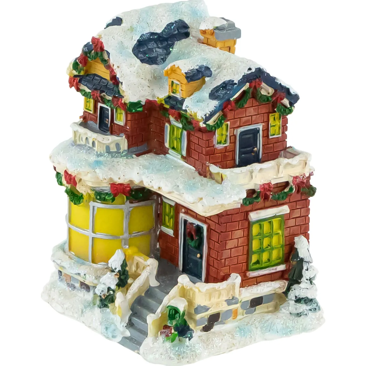 Two Story Snowy House with Garland and Wreaths Christmas Village Decoration - 4"
