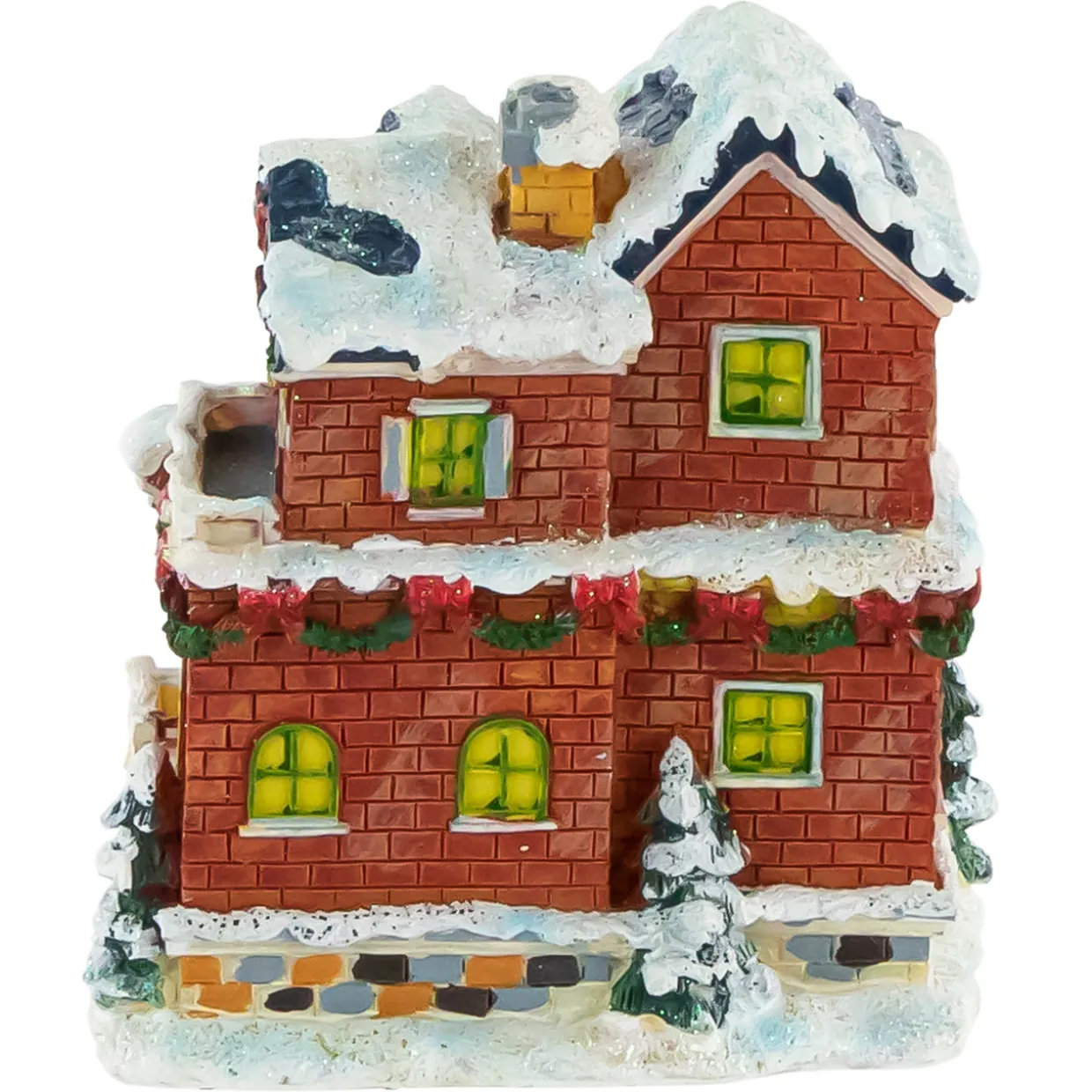 Two Story Snowy House with Garland and Wreaths Christmas Village Decoration - 4"