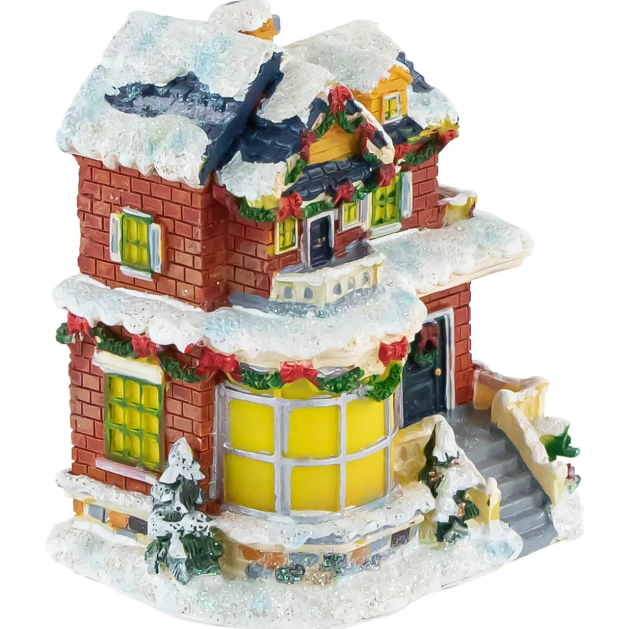 Two Story Snowy House with Garland and Wreaths Christmas Village Decoration - 4"
