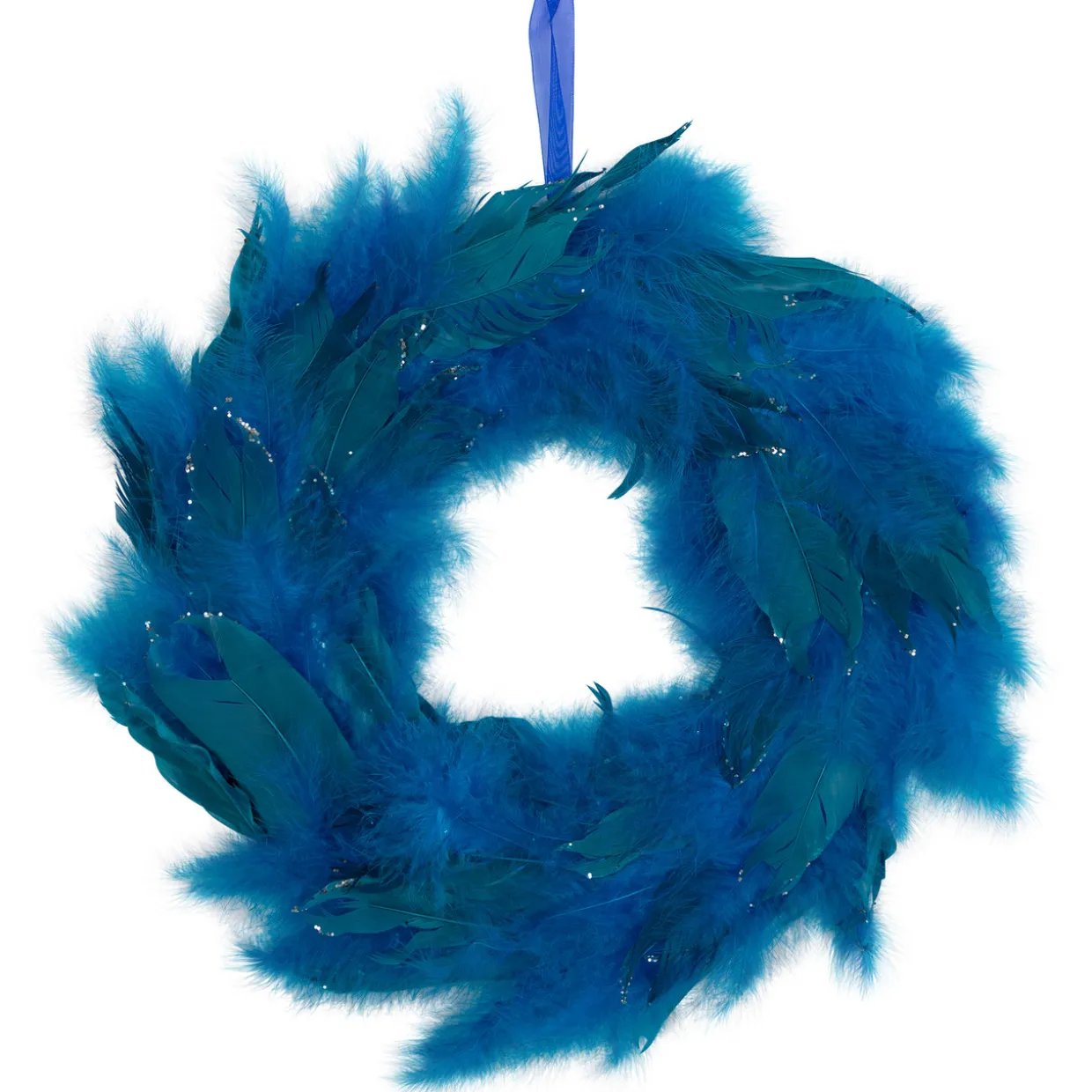 Two-Tone Feathers Glittered Christmas Wreath - 14.5" - Unlit - Turquoise