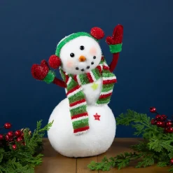 Waving Snowman with Earmuffs Glitter Christmas Figurine - 10"