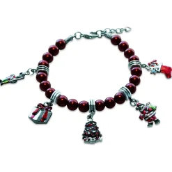 Whimsical Gifts Christmas Charm Bracelet | Gold or Silver Finish | Red Glass Beads | 5 Handpainted Charms | Handmade in USA