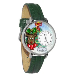 Whimsical Gifts Reindeer Hunter 3D Watch | Gold or Silver Finish Large | Unique Fun Novelty | Handmade in USA | Green Leather Watch Band