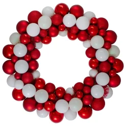 White and Red 3-Finish Shatterproof Ball Christmas Wreath - 24-Inch, Unlit