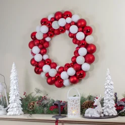 White and Red 3-Finish Shatterproof Ball Christmas Wreath - 24-Inch, Unlit