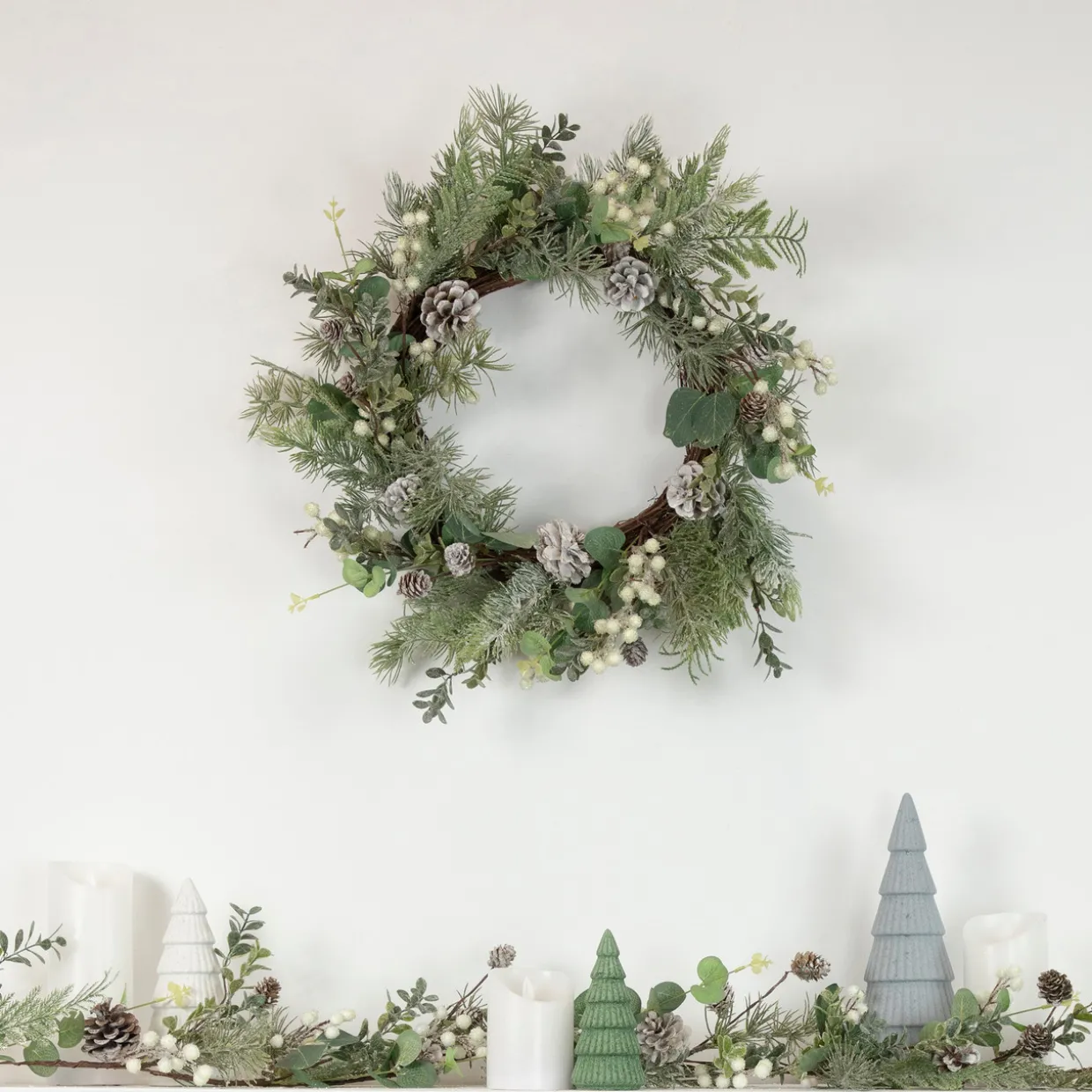 White Berry, Eucalyptus and Pinecone Christmas Wreath, 20-Inch, Unlit