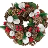 White Wooden Rose, Pine Cone and Berry Artificial Christmas Wreath, 10-Inch, Unlit