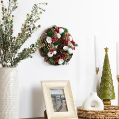 White Wooden Rose, Pine Cone and Berry Artificial Christmas Wreath, 10-Inch, Unlit