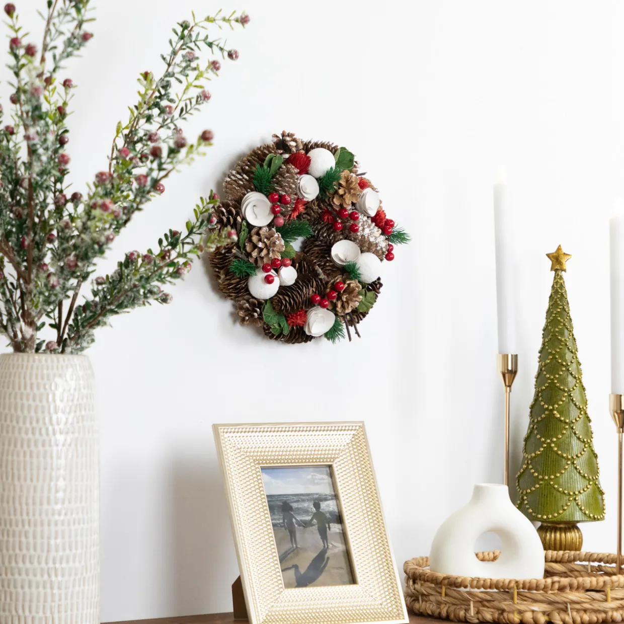 White Wooden Rose, Pine Cone and Berry Artificial Christmas Wreath, 10-Inch, Unlit