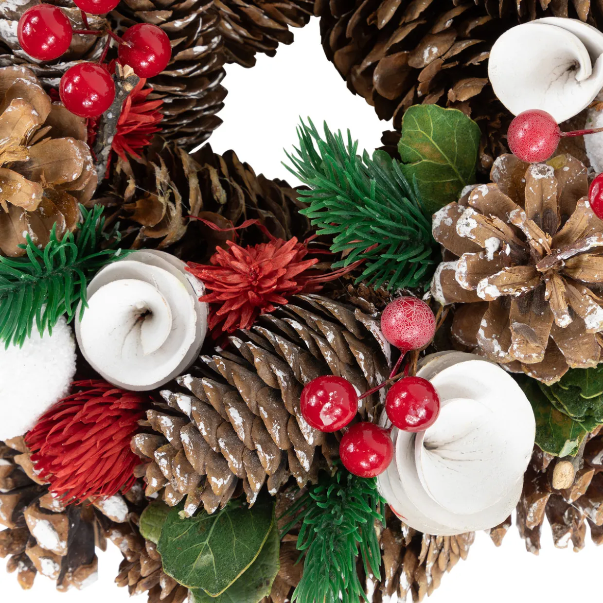 White Wooden Rose, Pine Cone and Berry Artificial Christmas Wreath, 10-Inch, Unlit