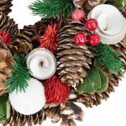 White Wooden Rose, Pine Cone and Berry Artificial Christmas Wreath, 10-Inch, Unlit