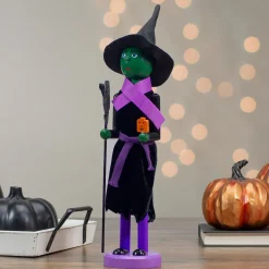 Witch Jack-O-Lantern Halloween Nutcracker with Broom - 14" - Black and Green