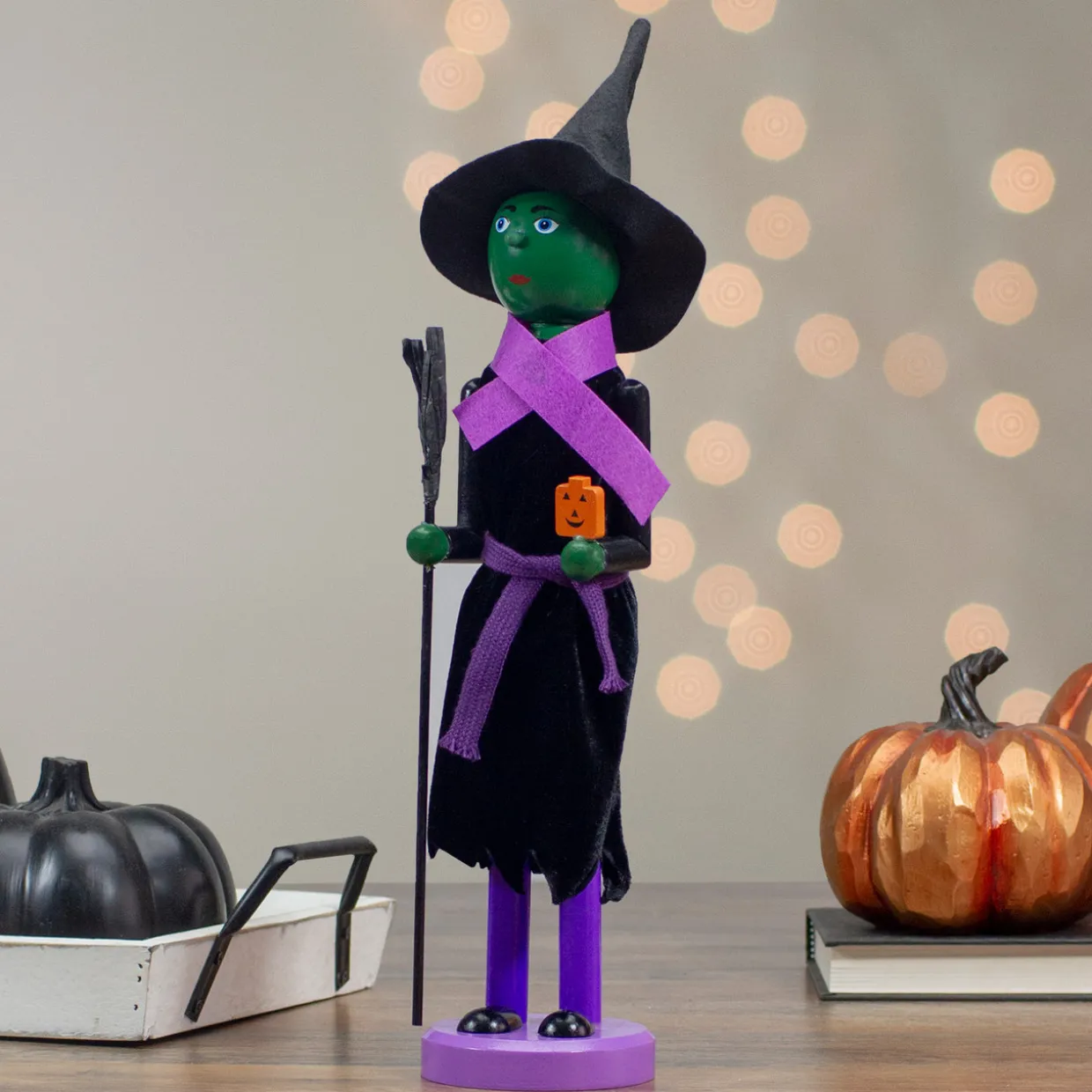 Witch Jack-O-Lantern Halloween Nutcracker with Broom - 14" - Black and Green