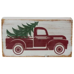 Wooden Block with Vintage Red Truck and Tree Christmas Decoration - 6"