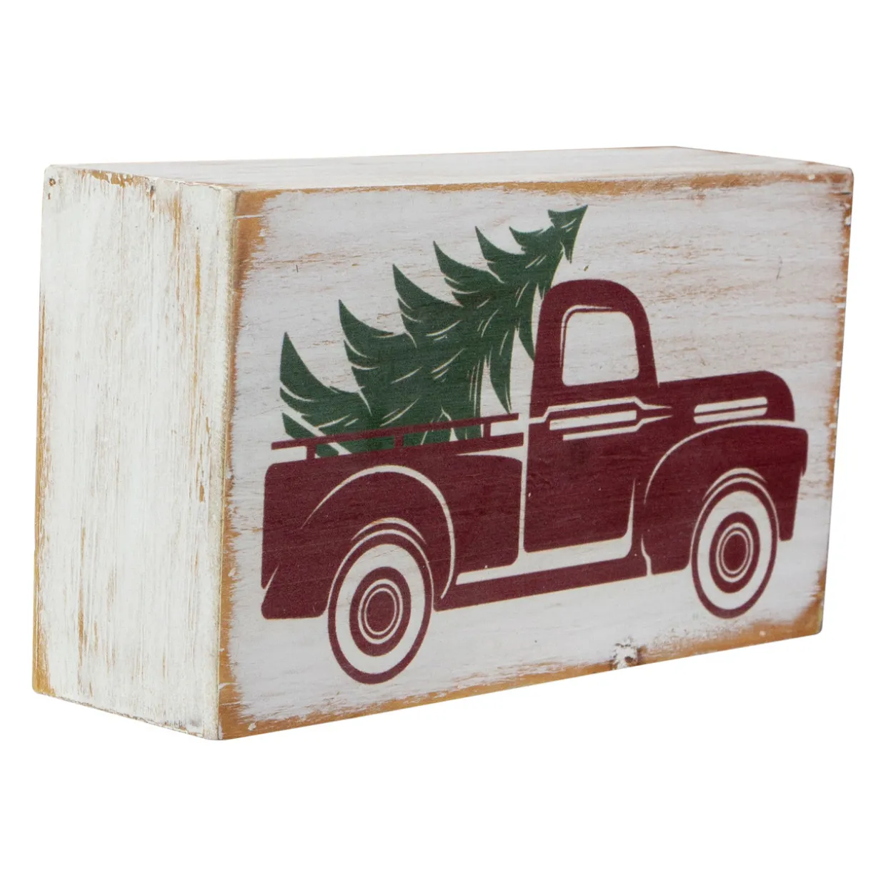 Wooden Block with Vintage Red Truck and Tree Christmas Decoration - 6"