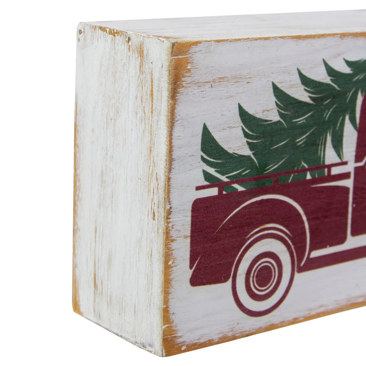 Wooden Block with Vintage Red Truck and Tree Christmas Decoration - 6"