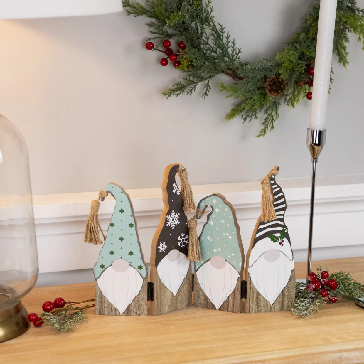 Wooden Gnomes Hinged Christmas Decoration - 10.75"