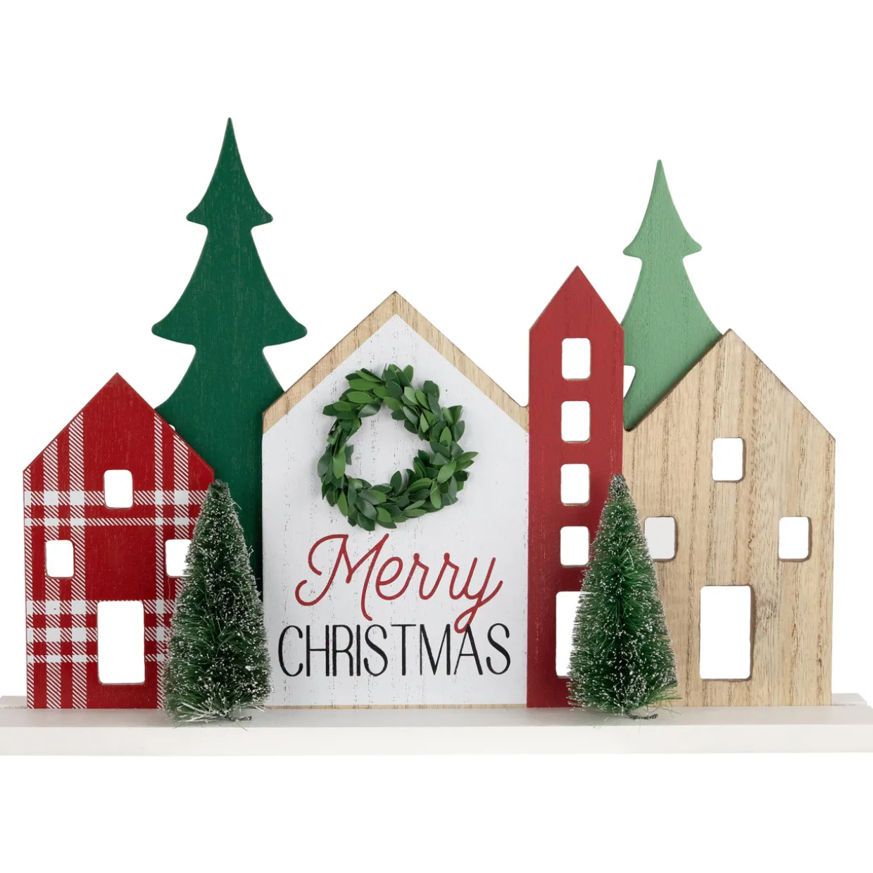 Wooden "Merry Christmas" Houses with Trees Decoration - 15" - Red and Green