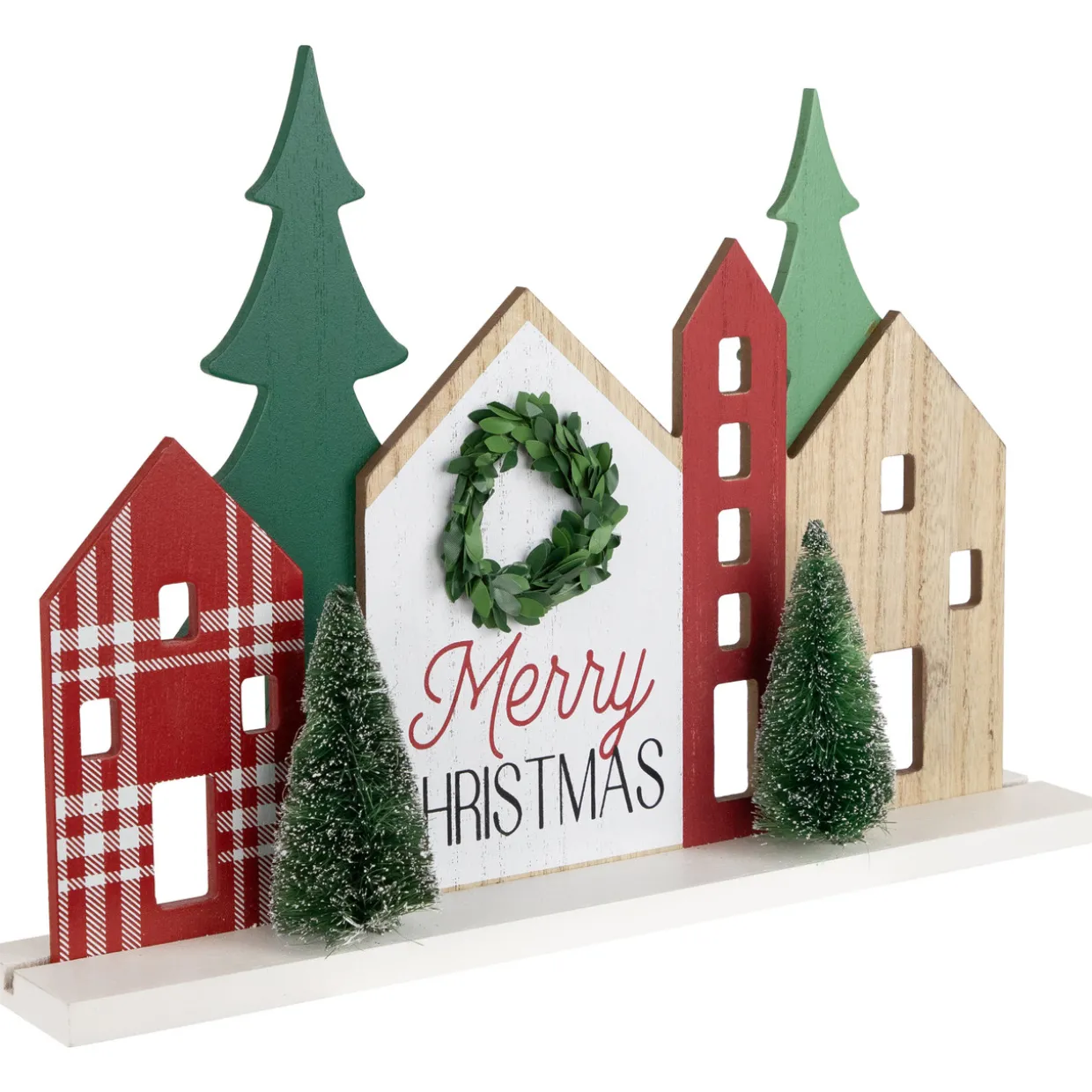 Wooden "Merry Christmas" Houses with Trees Decoration - 15" - Red and Green