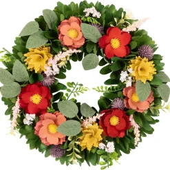 Wooden Mixed Floral and Foliage Artificial Spring Wreath - 13.75"