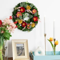 Wooden Mixed Floral and Foliage Artificial Spring Wreath - 13.75"