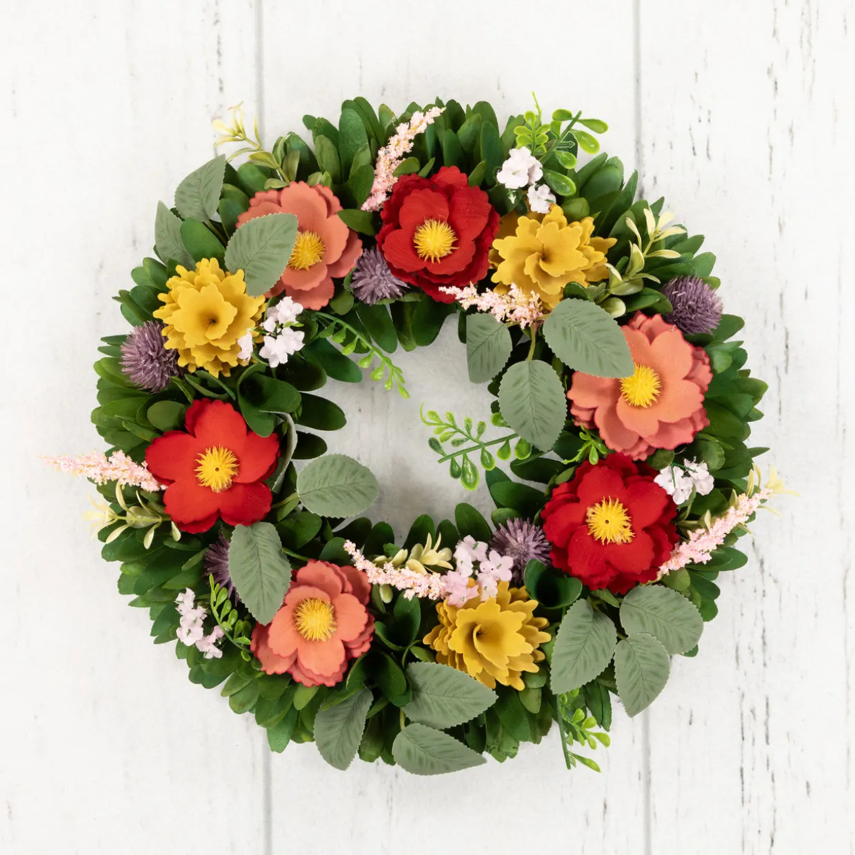 Wooden Mixed Floral and Foliage Artificial Spring Wreath - 13.75"