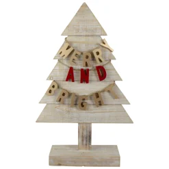 Wooden Tree "Merry and Bright" Christmas Decoration - 23" - Gold and Red