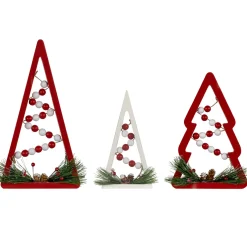 Wooden Trees with Beads Christmas Decorations - 11.75" - Red and White - Set of 3